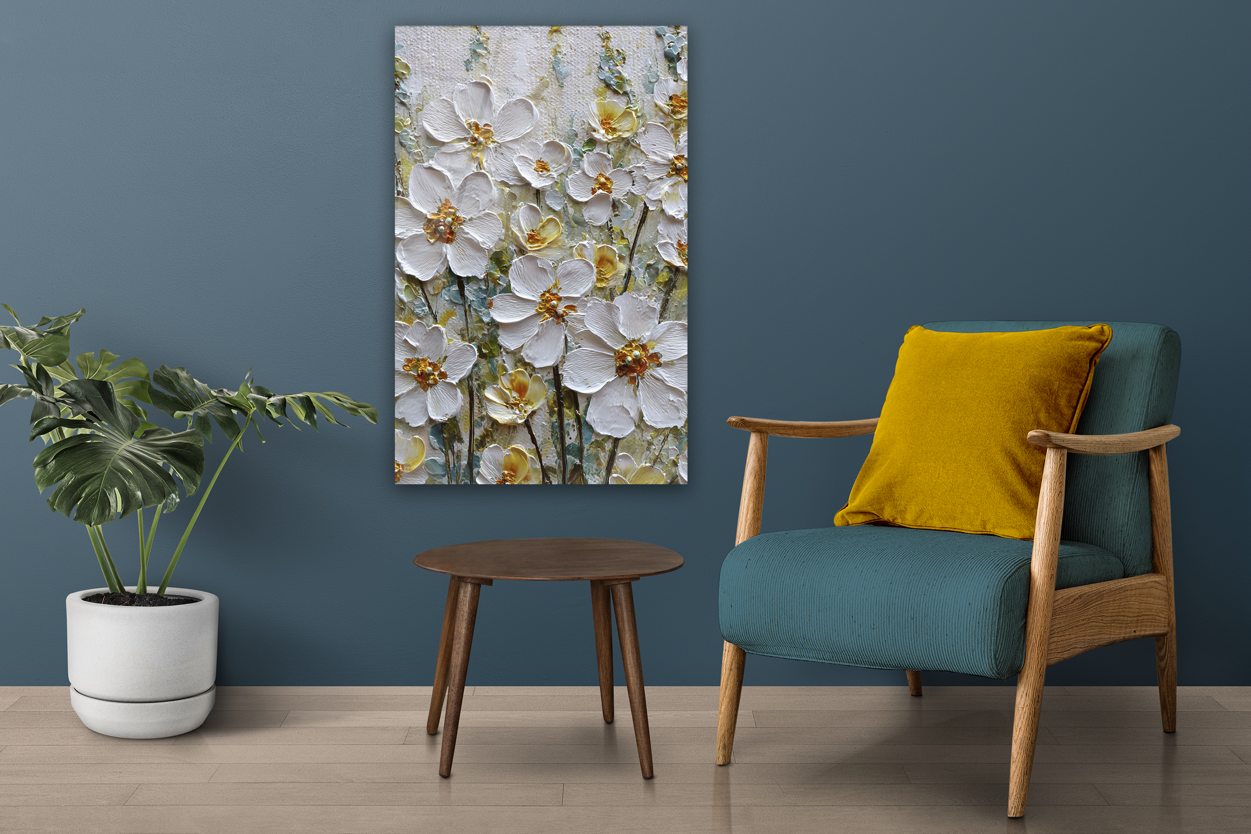 Textured White Floral Glass Wall Art, 3D Flower Painting on Tempered Glass